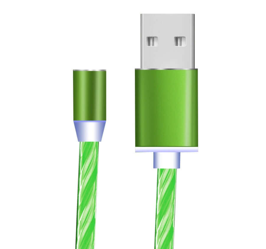 Green magnetic charging cable featuring USB connector and detachable tip, compatible with iPhone and Android devices.