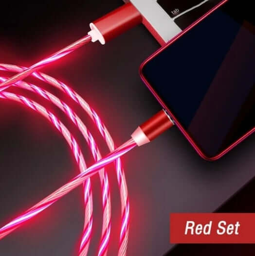 Red glowing magnetic data line cable compatible with iPhone and Android devices, showcasing a stylish design.