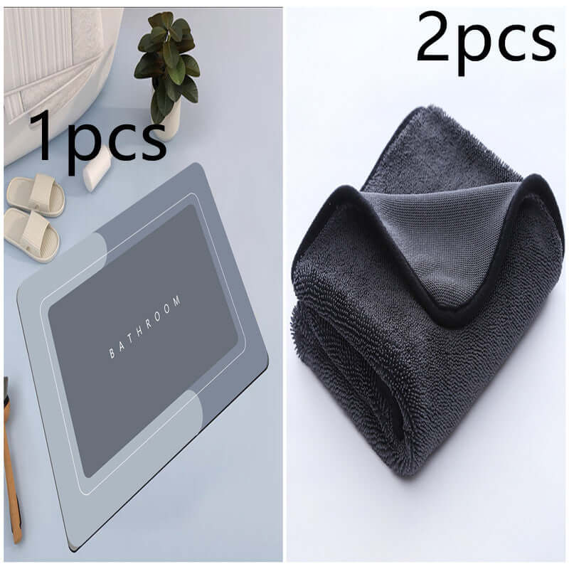 Modern bathroom mat on the left and quick-drying towel on the right, showcasing absorbent and elegant design.