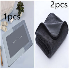 Modern bathroom mat on the left and quick-drying towel on the right, showcasing absorbent and elegant design.