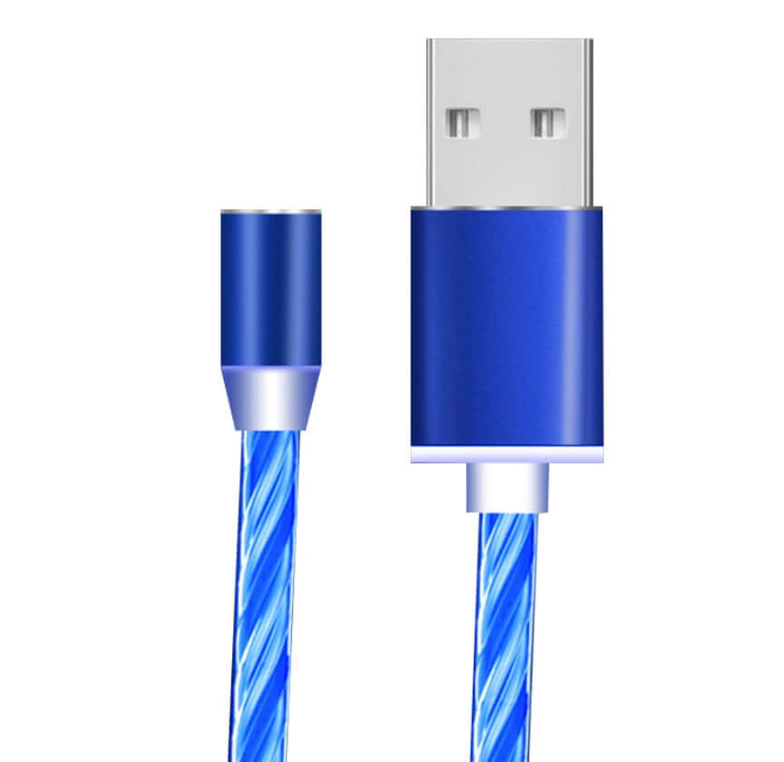 Blue magnetic data line cable compatible with iPhone and Android Type-C devices, featuring a durable design.