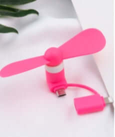 Compact pink mobile mini fan for iPhone and Android, low noise, eco-friendly, perfect for staying cool on the go.