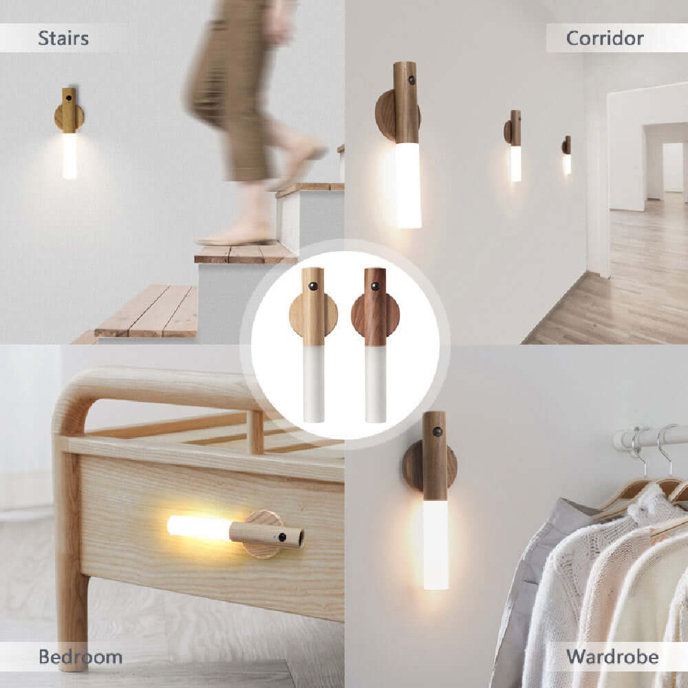 Versatile Auto LED USB magnetic night lights showcased in various settings: stairs, corridor, bedroom, and wardrobe.