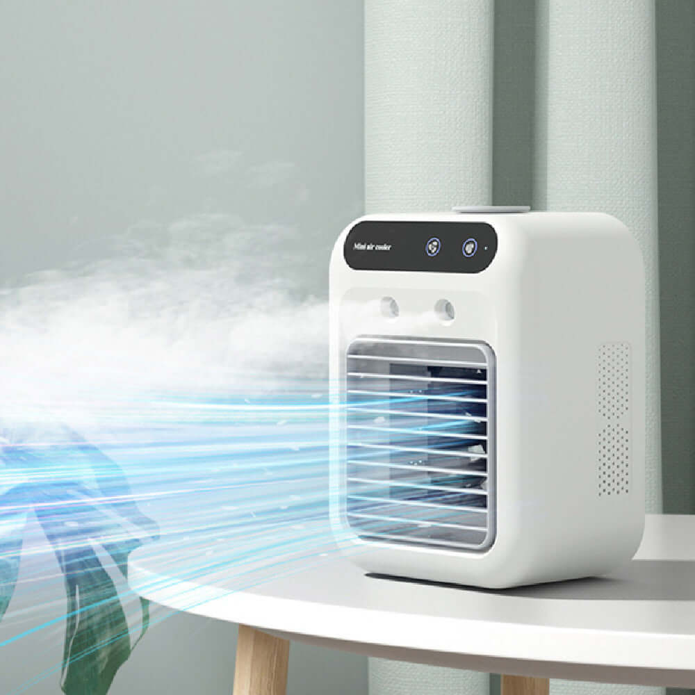 This portable air conditioner cools your space with water fan technology. Ideal for home, office, or car. Lightweight and energy-efficient.