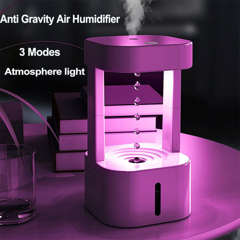 Creative anti-gravity air humidifier with purple atmosphere light and three mist modes for bedroom or office use.