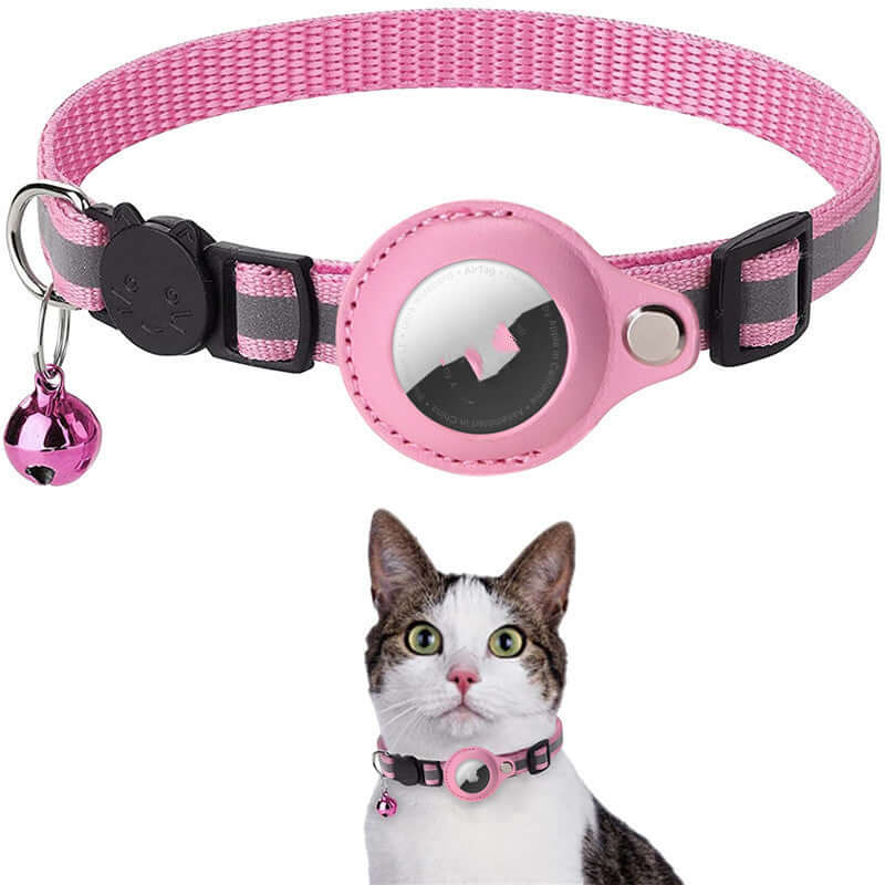 Pink reflective collar with holder case for Airtag, suitable for cats and dogs, featuring a bell and adjustable design.