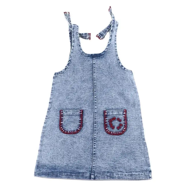 Summer denim collection girls dress set cute baby rompers boys casual shirt girls skirt family clothing set contrast pockets