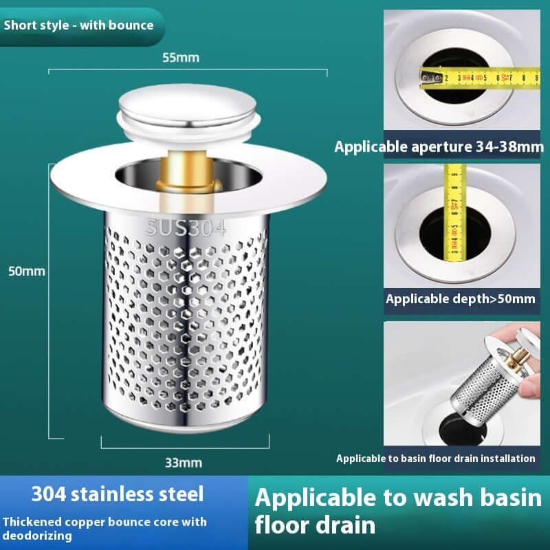 304 stainless steel wash basin drainer with bounce core; suitable for aperture 34-38mm and depth >50mm.