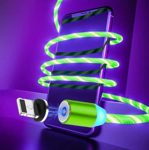 Magnetic Streamer Data Line Cable wrapped around a smartphone, showcasing its compatibility with iPhone and Android devices.