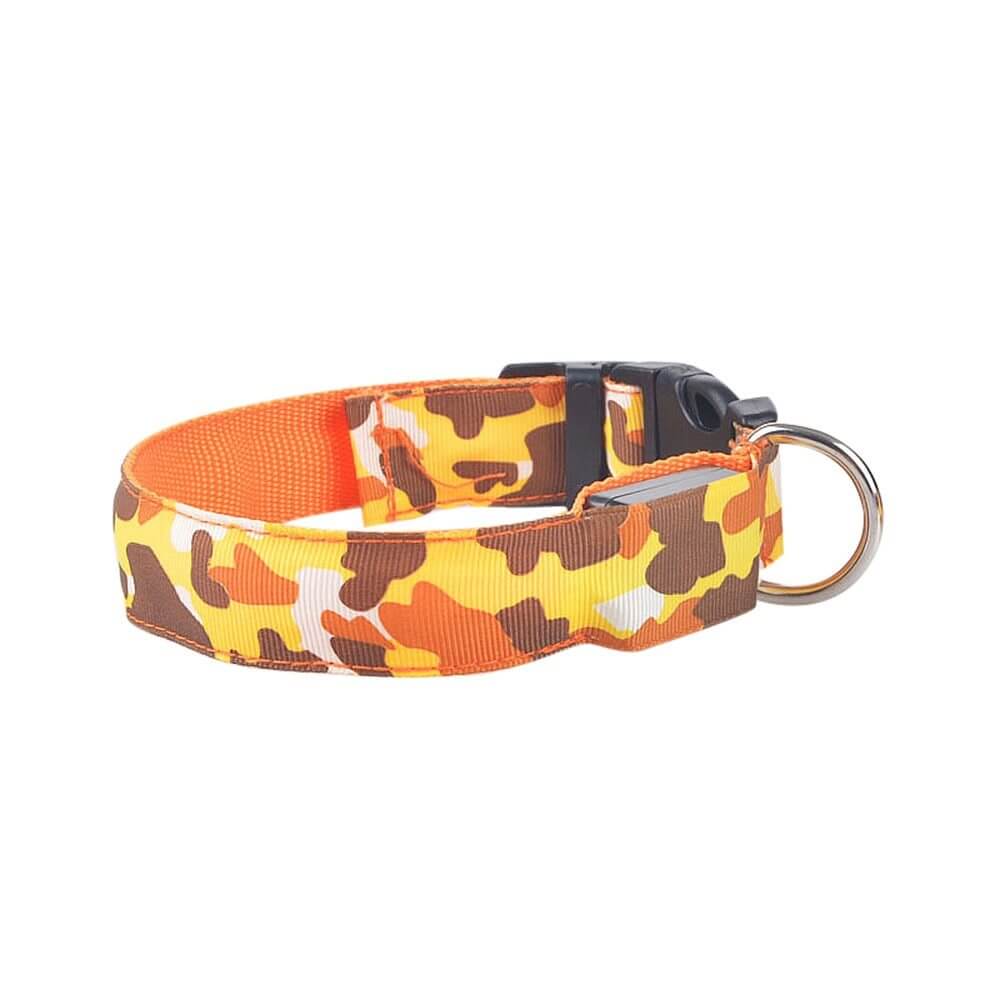 Camouflage luminous dog collar made of durable nylon and plastic, featuring adjustable buckle and vibrant colors.