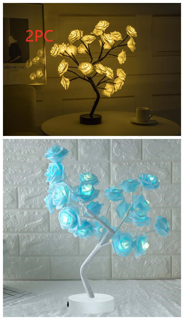  Rose flower lamps in pink and white on a marble table with soft lighting, ideal for elegant home decor.