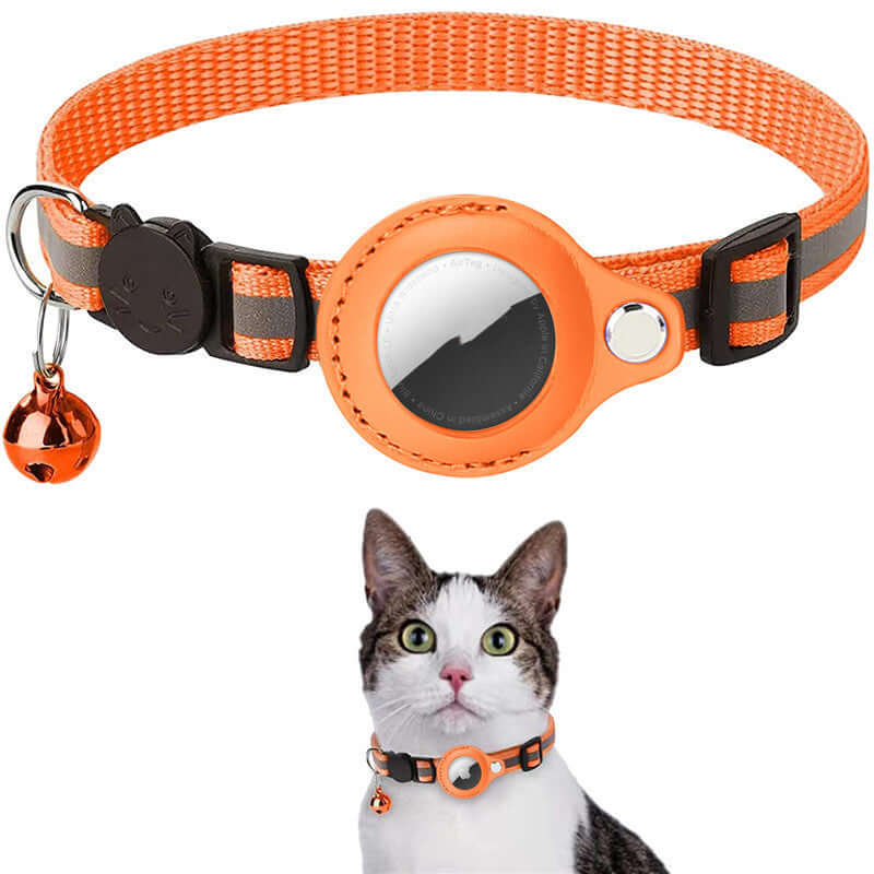 Reflective orange nylon collar for cats and dogs, designed for AirTag protection, featuring a bell and adjustable size.