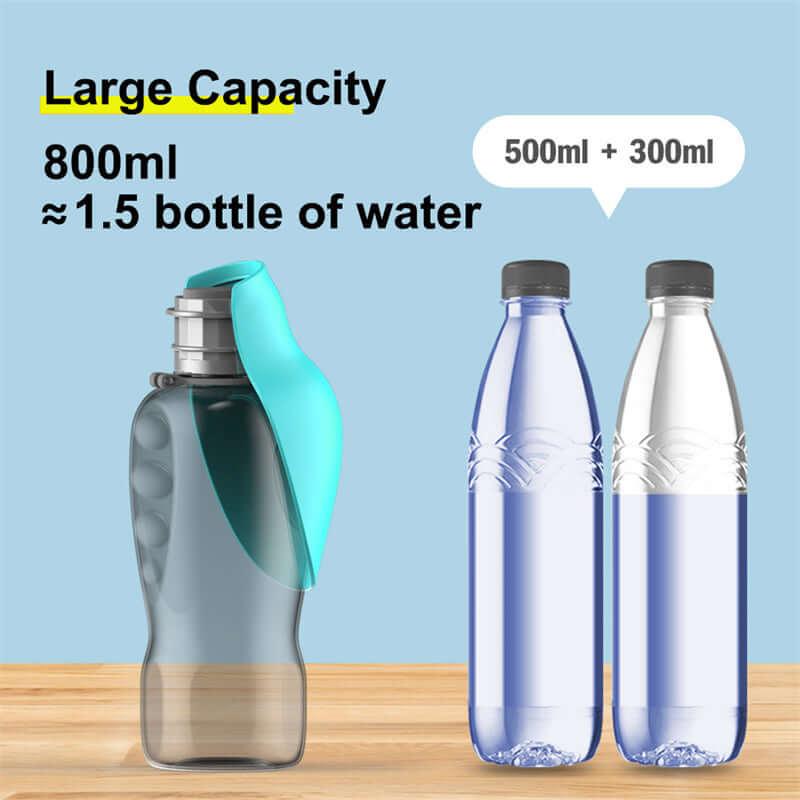 800ml dog water bottle with large capacity, compared to two standard water bottles for outdoor activities.