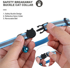 Blue reflective nylon cat collar with safety breakaway buckle and removable bell for added safety