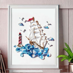 Quilted paper illustration of a ship at sea with a lighthouse, perfect for home or classroom decoration.