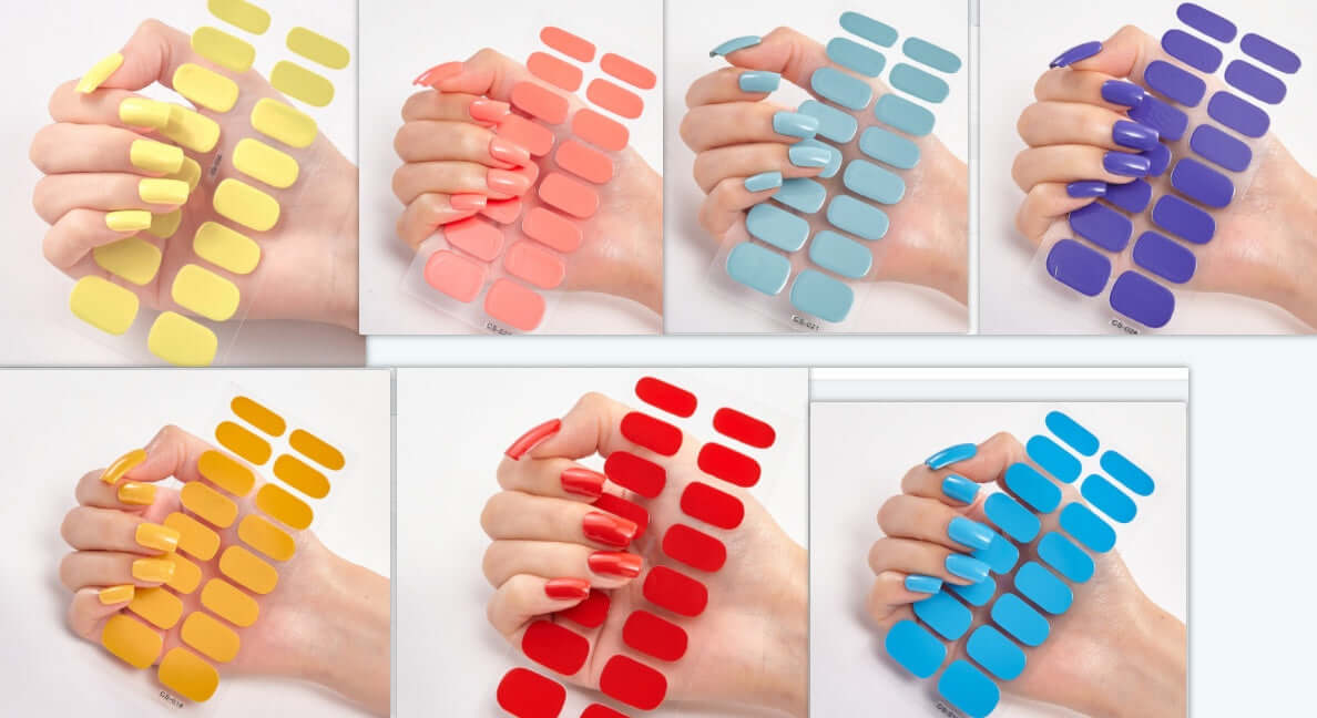 Collection of Pure Color 16 nail stickers showcasing various vibrant shades on manicured hands.