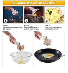 Step-by-step guide to using the EZ Cracker handheld egg opener for shell-free egg preparation.