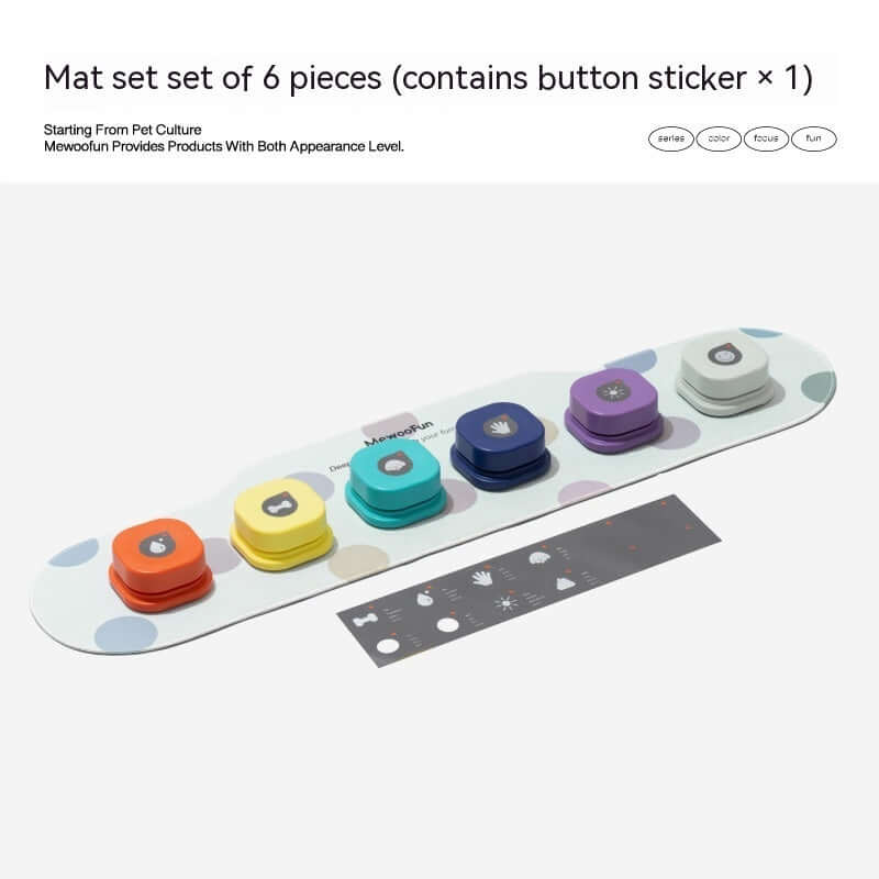 Set of 6 colorful pet communication buttons with mat and button sticker, ideal for training pets to communicate.