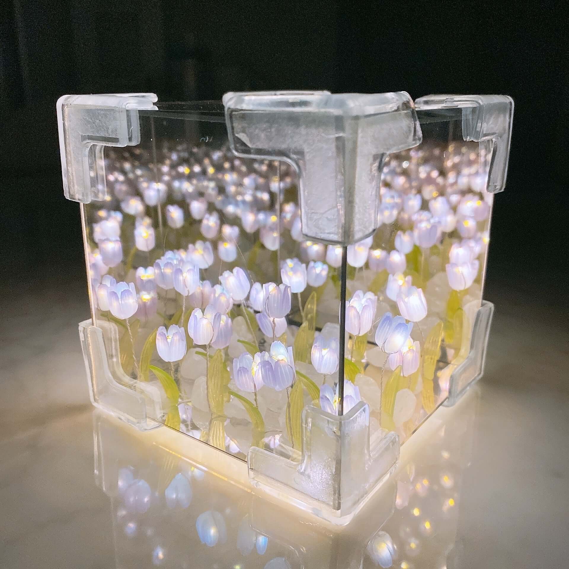 Handmade Rubik's Cube Tulip night light with mirror finish, glowing flowers creating a romantic atmosphere for home decor.