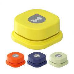 Colorful pet communication buttons in yellow, orange, blue, and green for dogs and cats, designed to promote interaction.