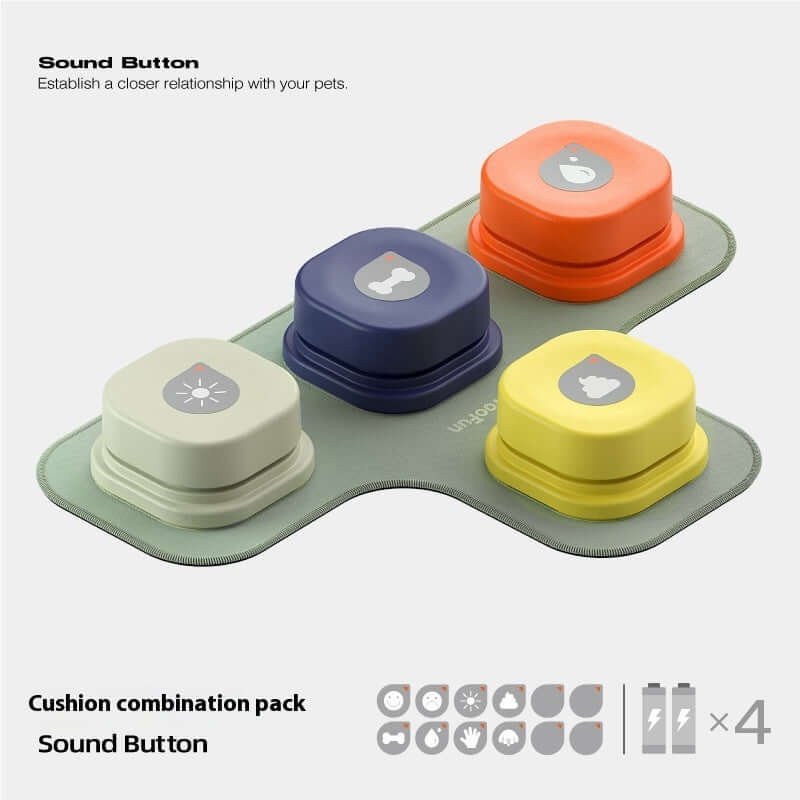 Colorful pet communication buttons on a cushion, promoting interaction between pets and owners.