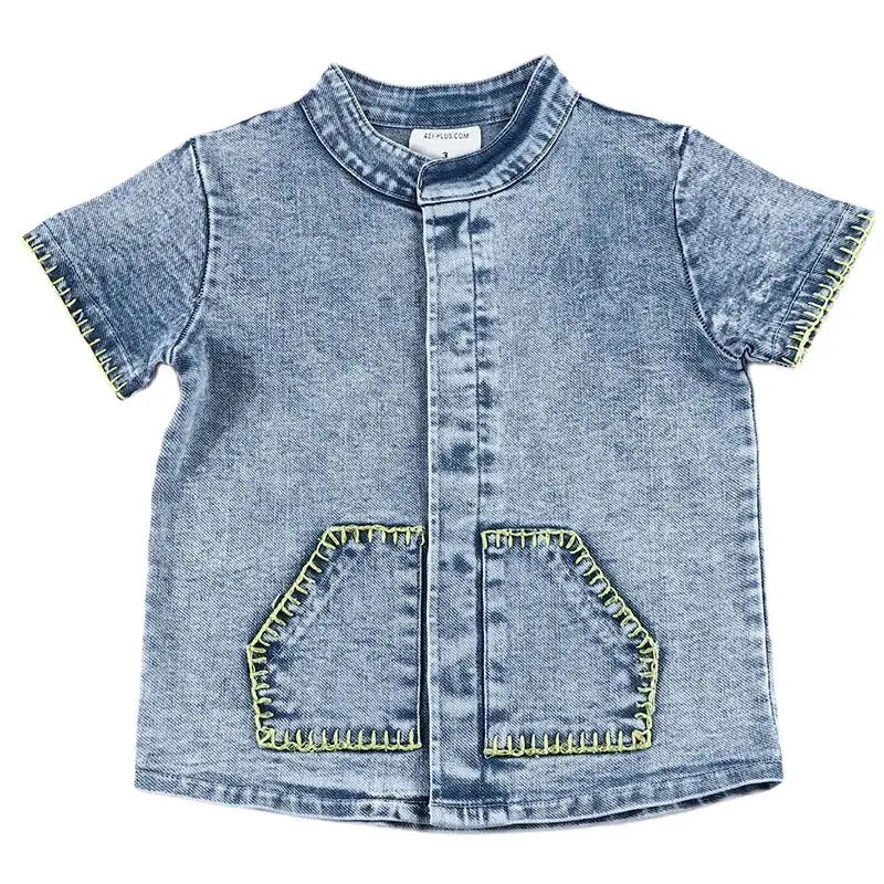 Summer denim collection girls dress set cute baby rompers boys casual shirt girls skirt family clothing set contrast pockets