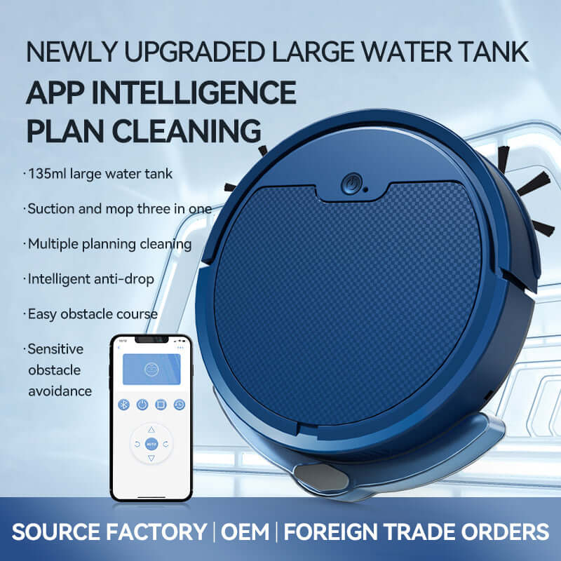 Intelligent sweeping robot with a large water tank and mobile app for planning and cleaning, featuring low noise and high suction.