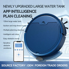 Intelligent sweeping robot with a large water tank and mobile app for planning and cleaning, featuring low noise and high suction.