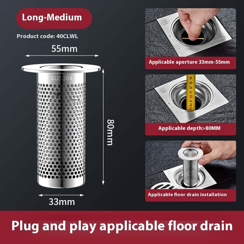 Long-medium floor drain strainer for 33mm-55mm apertures with 80mm depth; 304 stainless steel, easy plug and play installation.
