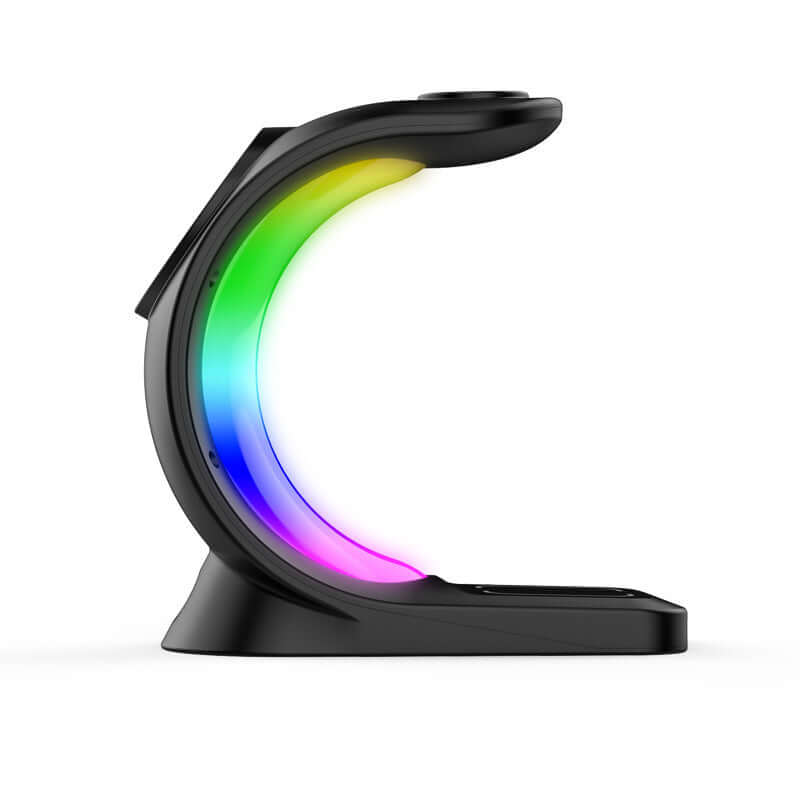 4 in 1 magnetic wireless charger with RGB lighting and sleek design, perfect for iPhone, AirPods, and watch.