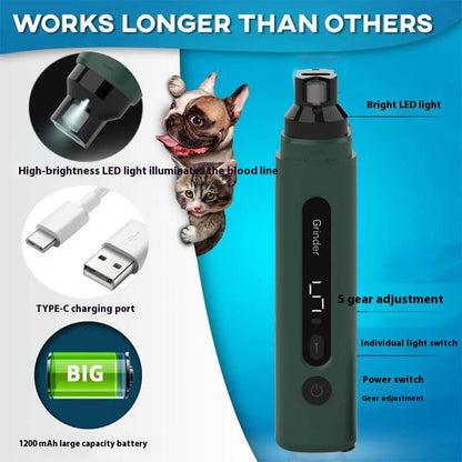 Dog nail grinder with LED light, Type-C charging port, and 5-speed adjustment for precise pet claw care.