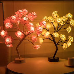  Rose flower lamps in pink and white on a marble table with soft lighting, ideal for elegant home decor.