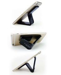 Multifunctional black nano gel pad phone holder, compatible with various devices, showcasing adjustable viewing angles.