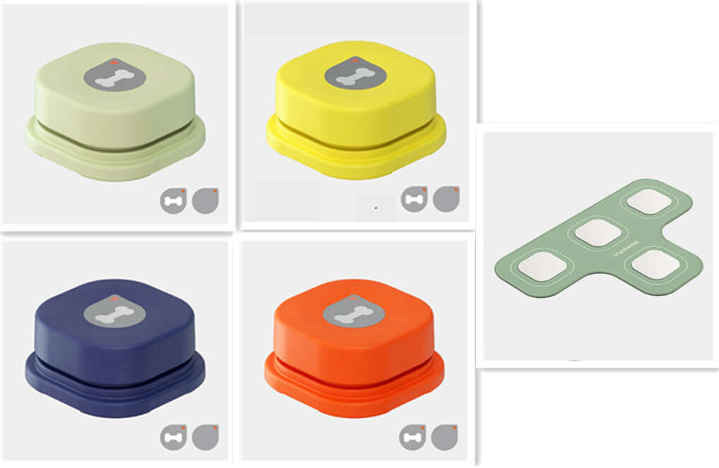 Four colorful pet communication buttons in green, yellow, navy blue, and orange, designed for dogs and cats.