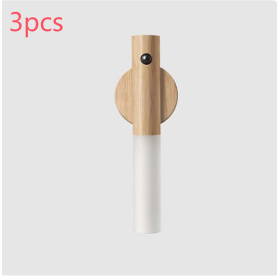 Auto LED USB magnetic wood wall light with PIR motion sensor, 3 pieces in set, energy-saving design.
