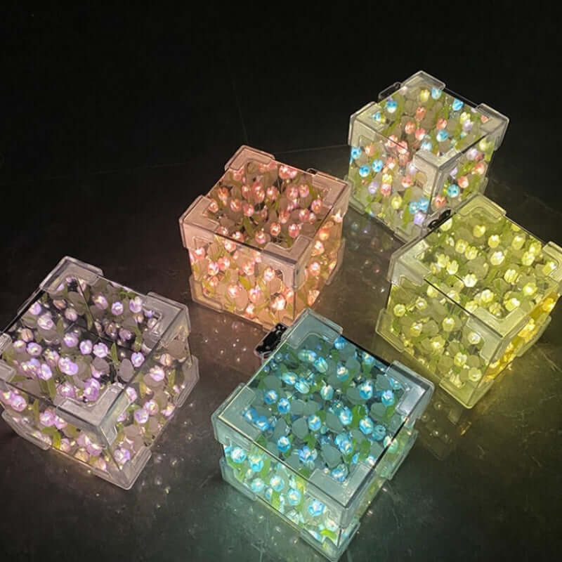 Colorful Rubik's Cube Tulip night lamps in various colors for home decor and romantic gifts.