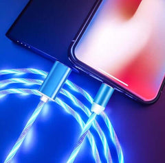 Flowing light magnetic data cable connected to a smartphone, showcasing blue glowing design for easy charging.