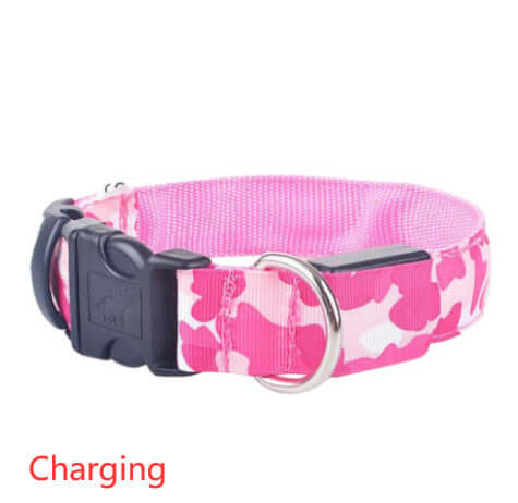 Camouflage luminous dog collar in pink with adjustable buckle, ideal for night walks.