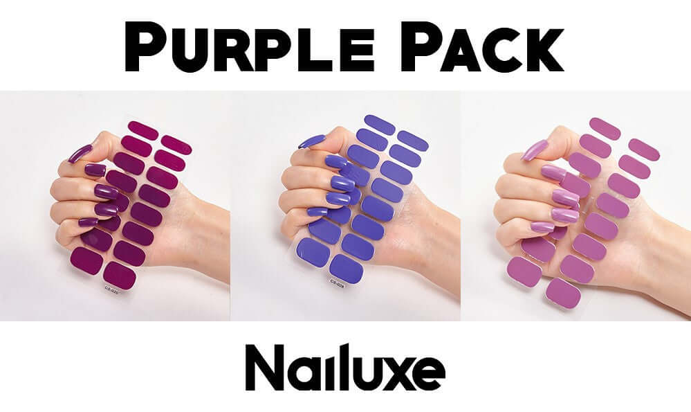 Purple Pack nail stickers displayed on hand, showcasing a variety of purple shades from Nailuxe.