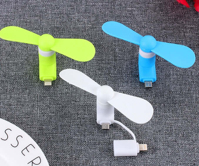 Mini mobile fans in green, blue, and white, compatible with iPhone, iPad, and Android, compact design for easy cooling.