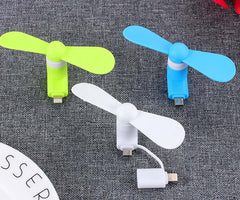 Mini mobile fans in green, blue, and white, compatible with iPhone, iPad, and Android, compact design for easy cooling.