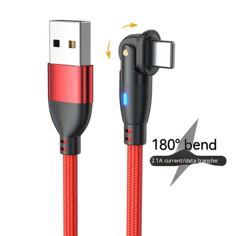 Red 180-degree bend data cable with USB and Type-C connectors, featuring aluminum alloy and nylon woven design.