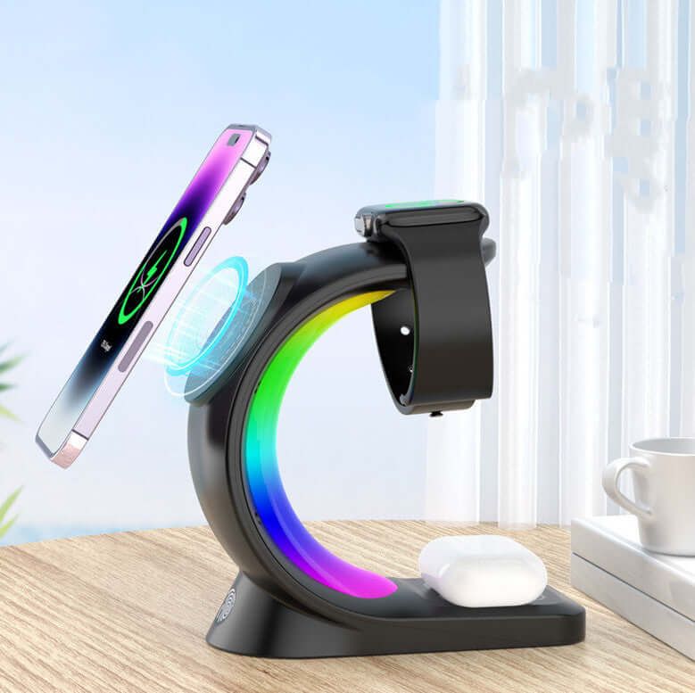 4 in 1 magnetic wireless charger with RGB lighting, designed for smartphones, AirPods Pro, and iPhone Watch.