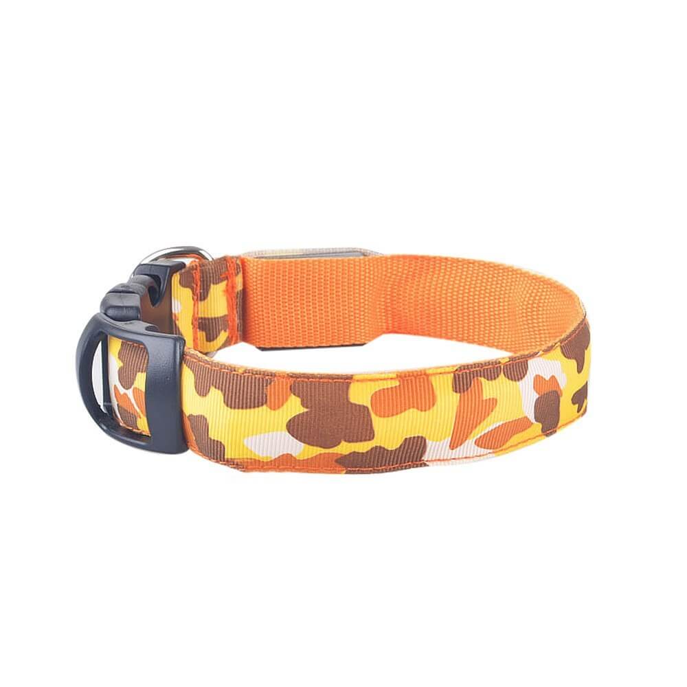 Luminous camouflage dog collar made of durable nylon and plastic with adjustable buckle for night safety.