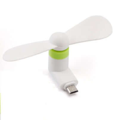 Mobile mini fan for iPhone and Android, compact design, low noise, eco-friendly, available in multiple colors.