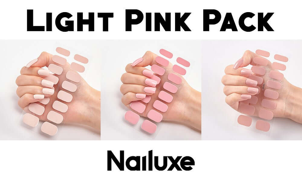 Light pink nail sticker pack showcasing three styles on a hand, perfect for elegant nail art.