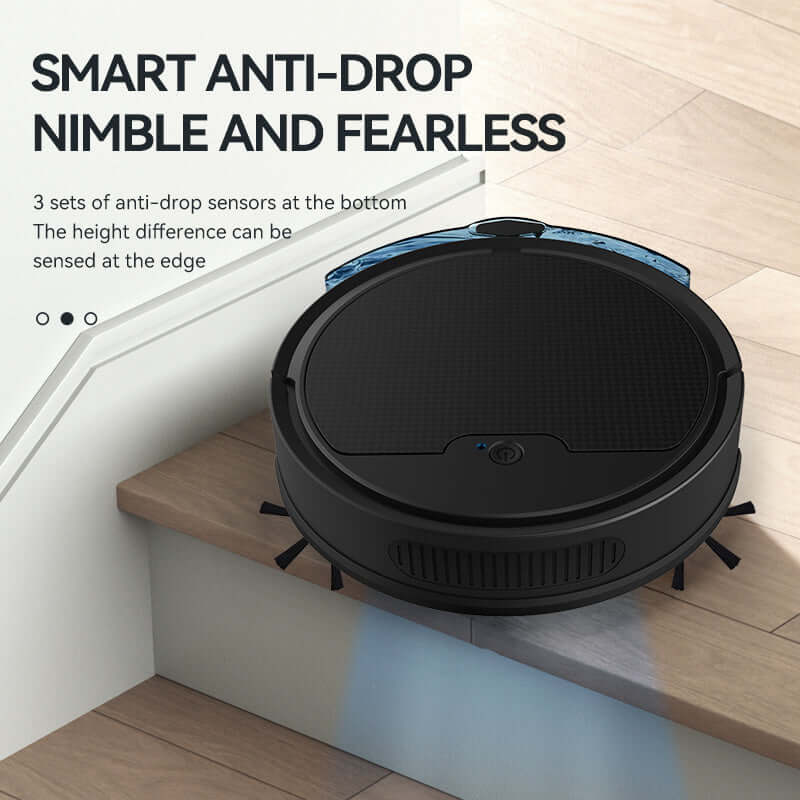 Smart anti-drop sweeping robot with sensors, designed for safe navigation across stairs and edges.