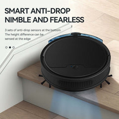 Smart anti-drop sweeping robot with sensors, designed for safe navigation across stairs and edges.