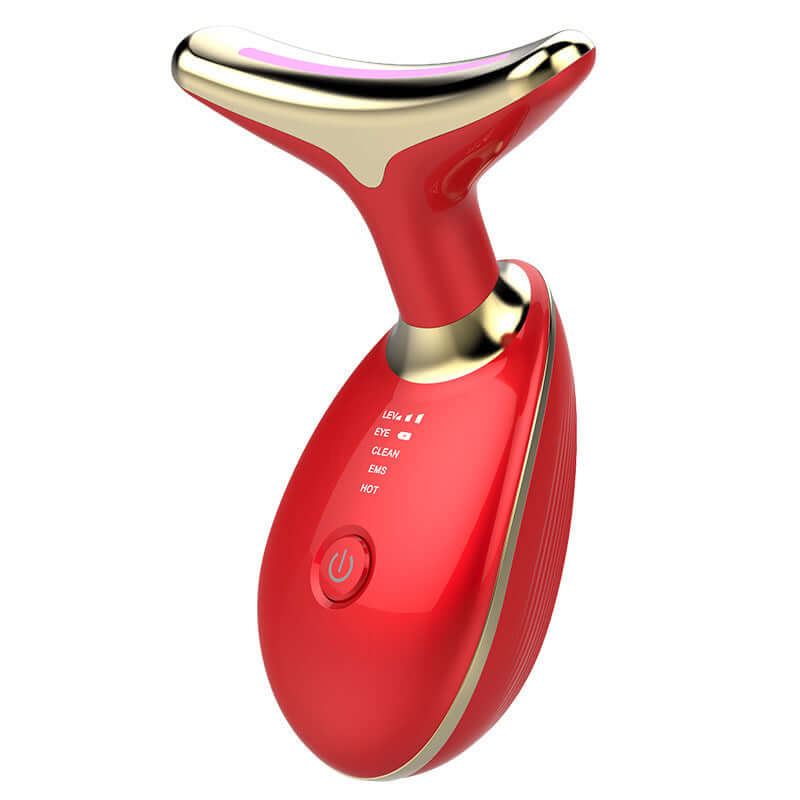 EMS thermal neck lifting massager in red, designed for tightening skin and removing wrinkles with electric microcurrent.