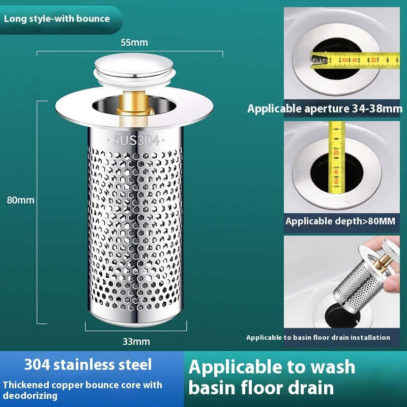 304 stainless steel wash basin drain strainer with bounce core, suitable for apertures 34-38mm and depths over 80mm.